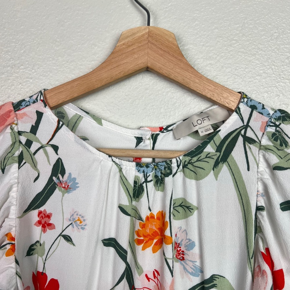 LOFT White Floral Puff-Sleeve Blouse - Picture 2 of 8